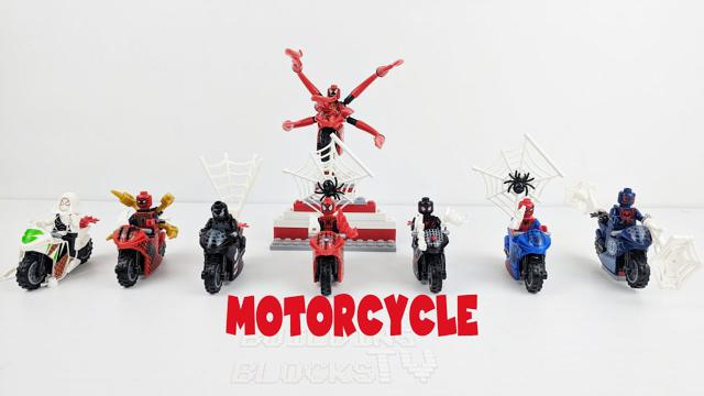 लेगो स्पाइडर मैन मोटरसाइकिल | 8 minifigures और 8 मोटरसाइकिल शामिल | अनौपचारिक लेगो