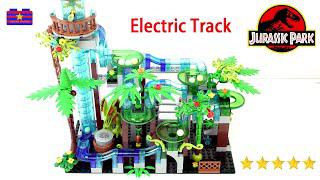 Taman dinosaurus, rel listrik, kotak bata, dan membangunnya.